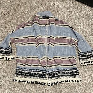 Zara Striped Open-Front boho style blazer with fringe/coin/pompom accent